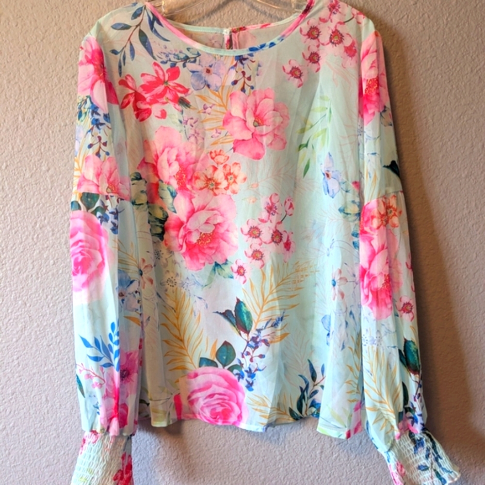 🔥SALE🔥 Floral Print Women's Top - Multicolor Sheer Sz.L - Picture 3 of 9